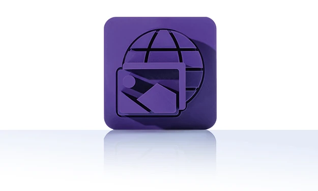 Le symbole est unicolore violet et montre deux éléments médiatiques décalés devant un globe stylisé avec des lignes de grille. Il est représenté dans un carré aux coins arrondis. Cette icône représente le service médias de crossbase.