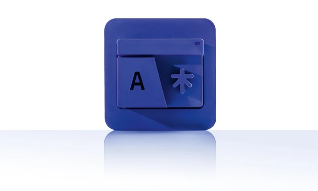 Le symbole est bleu unicolore et présente deux éléments de fiche qui se chevauchent. Sur celui de devant, on peut voir à gauche un grand 