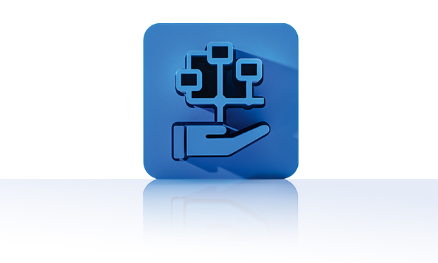 Le symbole se compose d'un carré bleu aux coins arrondis et représente une paume de main stylisée portant un diagramme ramifié. Le diagramme se compose de quatre nœuds connectés sous la forme de petits rectangles disposés en arborescence par des lignes. Le symbole représente la gestion des workflows de crossbase.