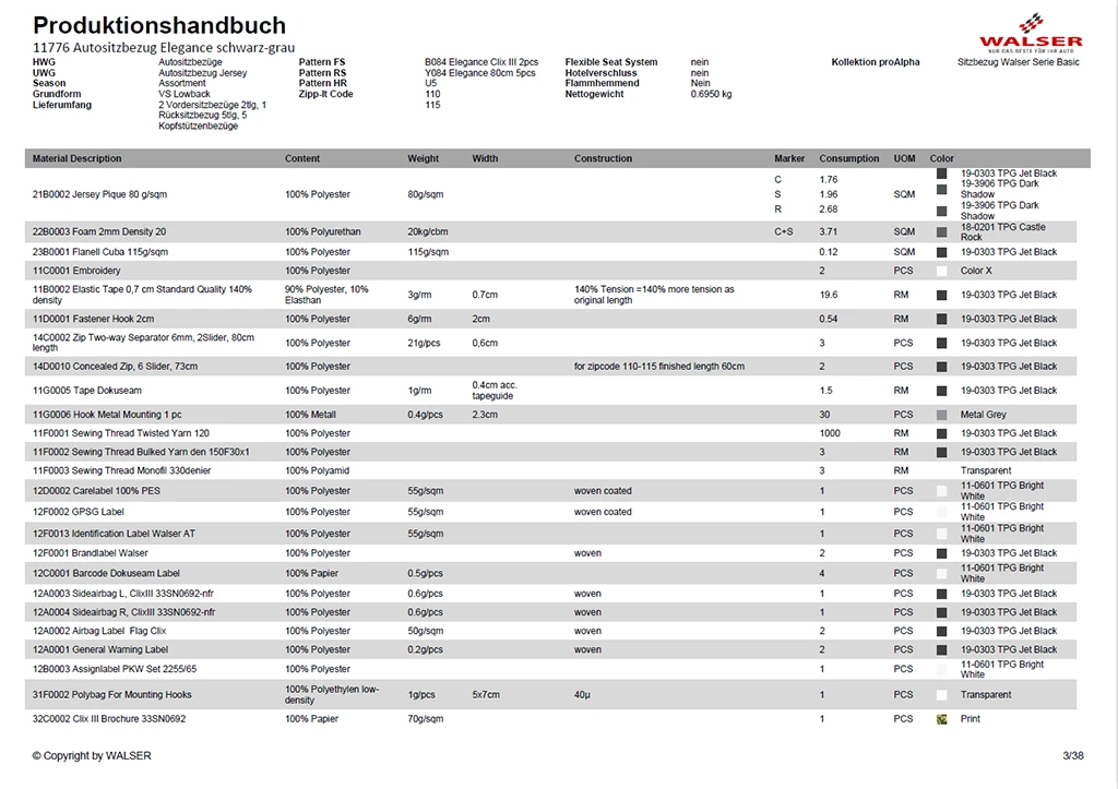 Page d'un manuel de production de WALSER créé de manière automatisée et contenant des données techniques.