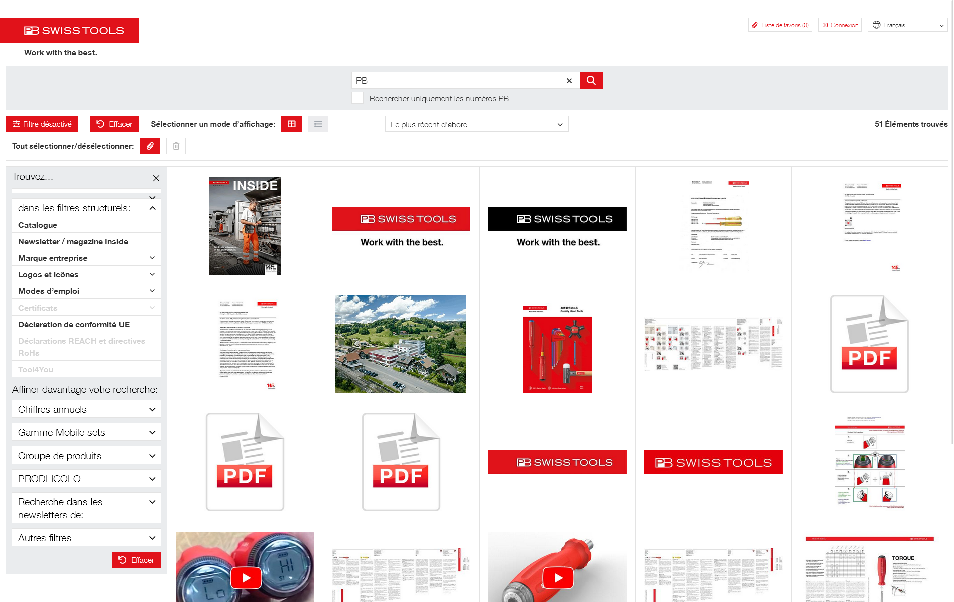 Captures d'écran du service médias de PB Swiss Tools avec des informations de produits issues de la base de données crossbase.