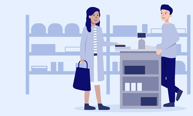 Illustration d'une scène de vente dans un magasin : une femme portant un sac à provisions se tient à un comptoir et parle à un vendeur. En arrière-plan, on peut voir des étagères avec des produits. La scène reproduit une expérience d'achat dans le commerce stationnaire et symbolise le secteur des biens de consommation.
