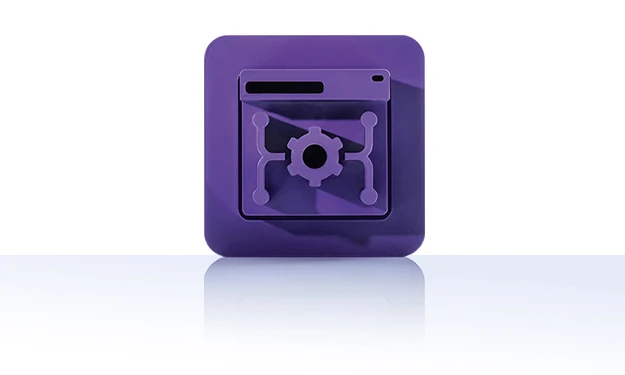Le symbole est violet unicolore et représente une fenêtre stylisée avec quatre points reliés entre eux dans les coins, entourant une forme de roue dentée centrale. Il est représenté dans un carré aux coins arrondis. Cette icône représente le CMS headless de crossbase.