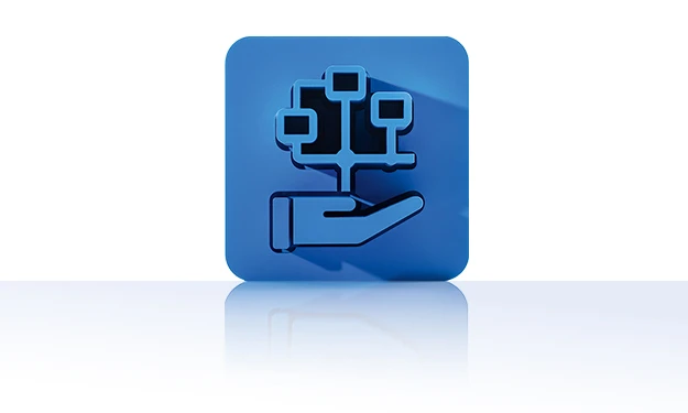 Le symbole se compose d'un carré bleu aux coins arrondis et représente une paume de main stylisée portant un diagramme ramifié. Le diagramme se compose de quatre nœuds connectés sous la forme de petits rectangles disposés en arborescence par des lignes. Le symbole représente la gestion des workflows de crossbase.