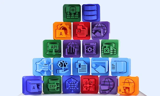 L'image montre une pyramide de cubes colorés, chacun avec des symboles différents. Les cubes sont empilés en cinq rangées, en commençant par une base large et en terminant par un seul cube au sommet. Chaque cube représente un module de la solution crossbase. Les couleurs des cubes varient et facilitent la distinction des thèmes.