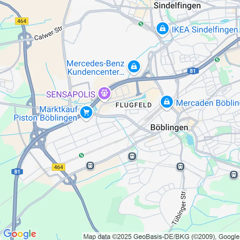 Vue cartographique de Google Maps montrant l'emplacement de crossbase mediasolution GmbH à Böblingen.