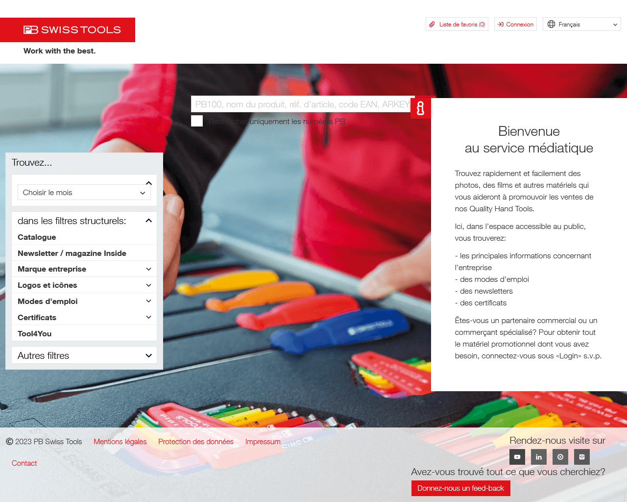 Capture d'écran de la page d'accueil du service médias de PB Swiss Tools.