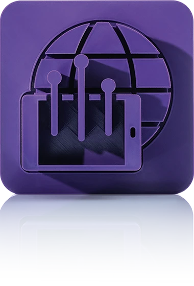 Le symbole est violet unicolore et représente un smartphone ou une tablette devant un globe stylisé avec des lignes de grille. Des lignes avec des points à l'extrémité s'élèvent de l'appareil mobile. Il est représenté dans un carré aux coins arrondis. Cette icône représente le module Applications mobiles de crossbase.