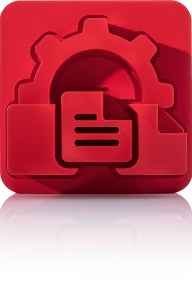 Le symbole est rouge unicolore et représente une roue dentée dans laquelle est intégré un document stylisé avec trois lignes horizontales. Le symbole se trouve dans un carré aux coins arrondis. Cette icône représente la publication print de crossbase.