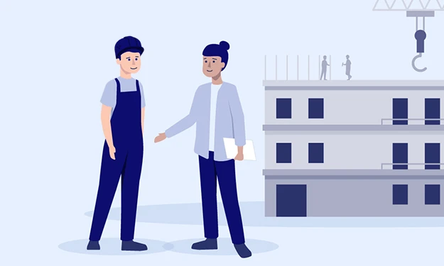 Illustration de deux personnes sur un chantier : à gauche, un ouvrier du bâtiment, à droite, une planificatrice avec un bloc-notes. En arrière-plan, on voit un bâtiment de plusieurs étages en cours de gros œuvre avec une grue de construction, d'autres personnes travaillent sur le toit. La scène symbolise la collaboration sur le chantier entre l'artisanat et la planification.