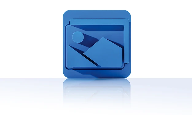 Le symbole est bleu unicolore et se compose d'un carré environnant aux coins arrondis. On y trouve un rectangle avec deux montagnes stylisées en bas et un soleil au-dessus. Ce symbole représente le module Digital Asset Management de crossbase.