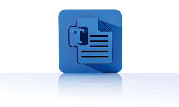 Le symbole se compose d'un carré entouré de coins arrondis de couleur bleue. On y trouve une page de document stylisée, également bleue, avec un « T » superposé pour « texte » dans un carré plus petit aux coins arrondis sur le côté gauche. Le symbole représente la gestion de texte de crossbase.