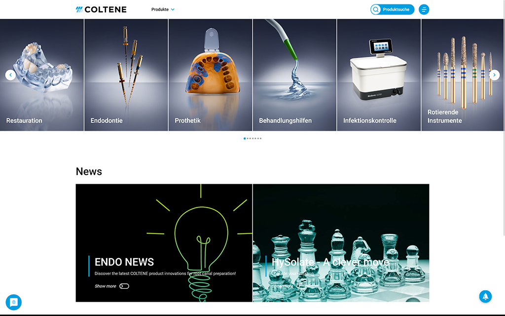 La capture d'écran montre la page d'accueil du catalogue en ligne de COLTENE avec différents carreaux permettant d'accéder aux produits.