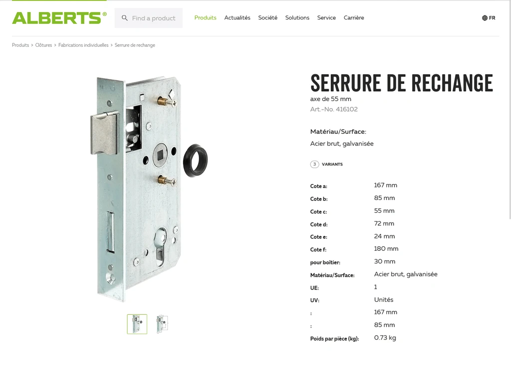 Capture d'écran du catalogue web de Gust. Alberts avec les informations produit de la base de données crossbase.
